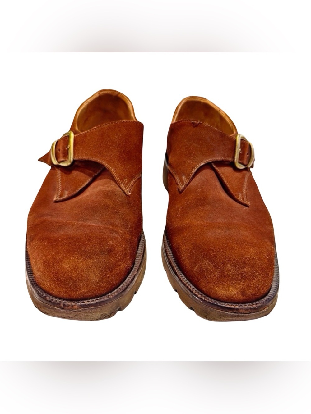 Charles Jourdan Men’s Suede Monk Strap Shoes Cognac Brown Lug Sole Luxury 10.5